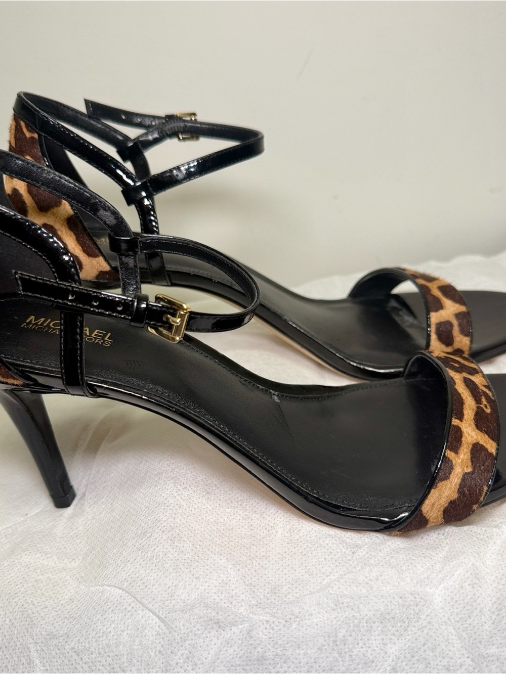 Michael Kors Black Patent Leather Heels with Leopard Print Strap